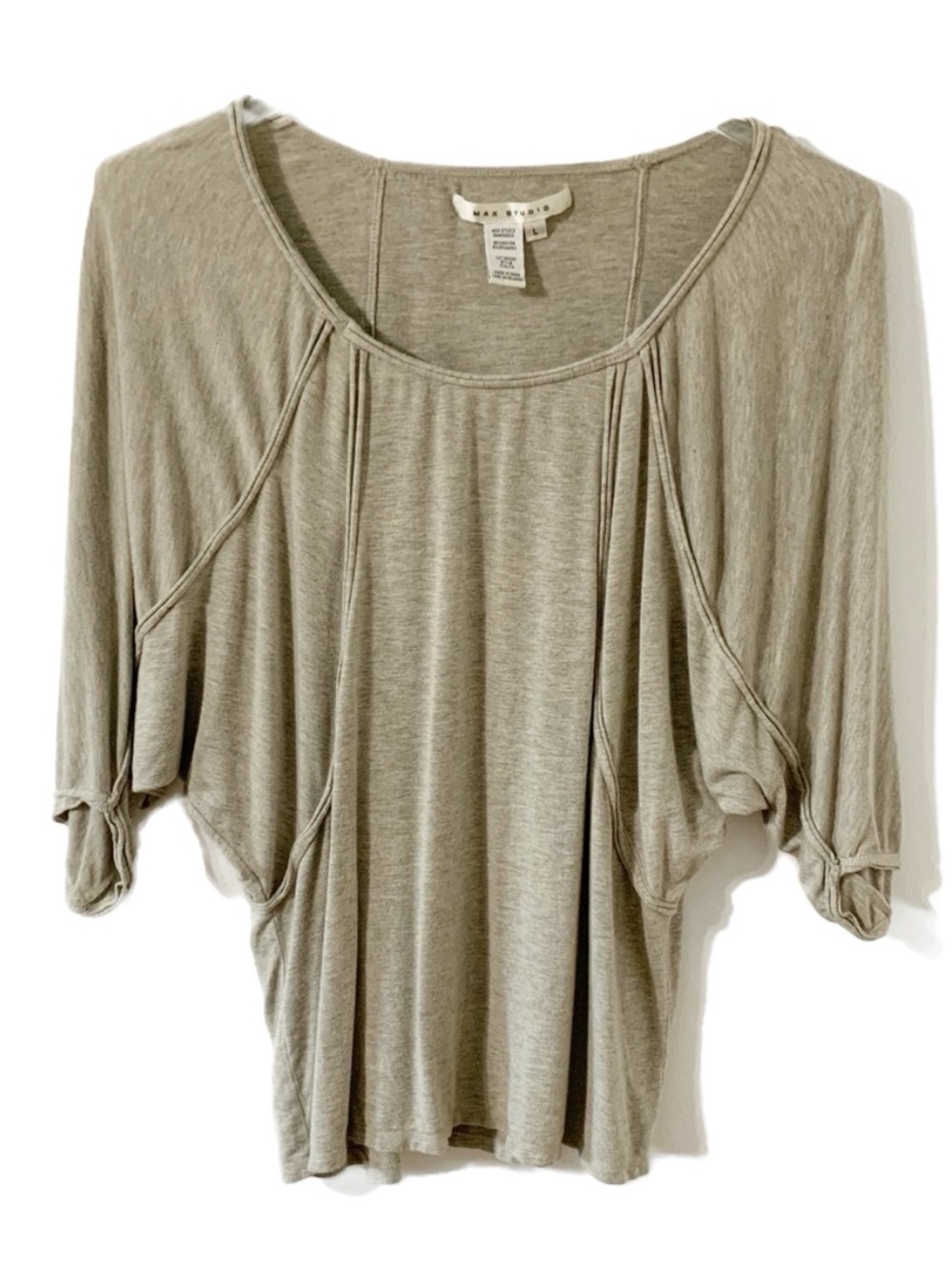 Max Studio Taupe Drapey Flowy 3/4 Bat Sleeve Scoop Neck Top Size Large